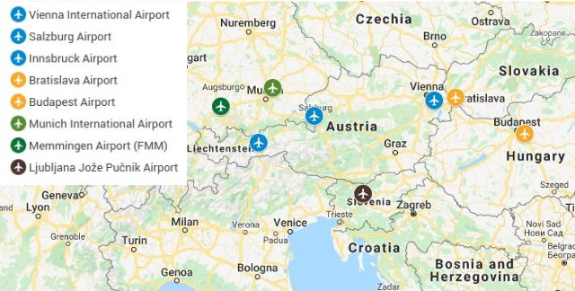Main airports in Austria and the surrounding area