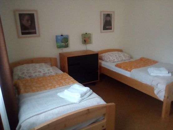 A simple bedroom with two single beds at Seeblick-Appartements Ossiach