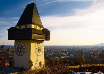 The ancient clock tower and the wonderful view of Graz
