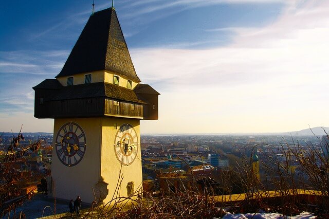 The ancient clock tower and the wonderful view of Graz