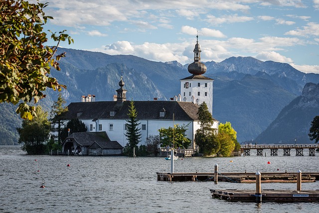 View of Schloss Ort on Lake Traun